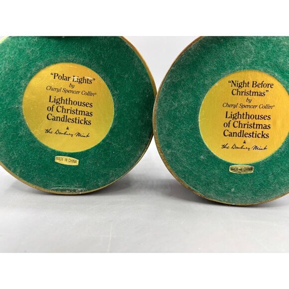 Vtg 90s Danbury Mint Set Of 2 Lighthouse Candle Stick Holders Christmas Design - Picture 7 of 8